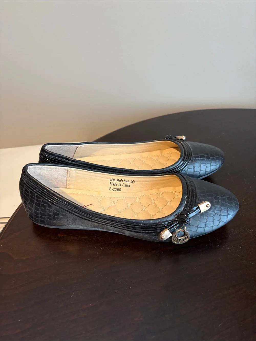 Victoria K Black Croc-Embossed Ballet Flats with Gold Charm Accent